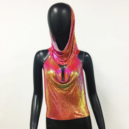 Women Metal Sequins Tank Top With Turban 2 Piece  Sexy V Neck Backless   Suspender Top Rave Festival Party Nightclub Camisole