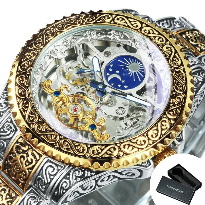 WINNER Luxury Tourbillon Skeleton Automatic Mechanical Watch for Men Luminous Hands Vintage Engraved Mens Watches Steel Strap