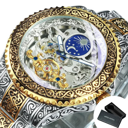 WINNER Luxury Tourbillon Skeleton Automatic Mechanical Watch for Men Luminous Hands Vintage Engraved Mens Watches Steel Strap