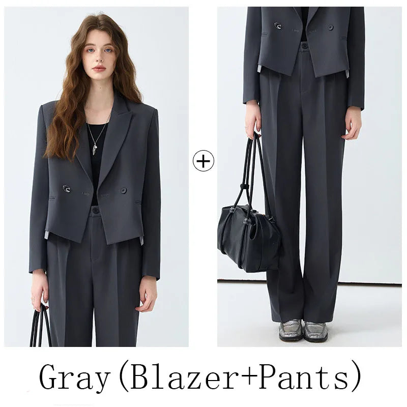 Solid Suits for Women 2025 Spring Fashion Office Ladies Long Sleeve Double Breasted Short Tops Chic Cargo Pant Suits