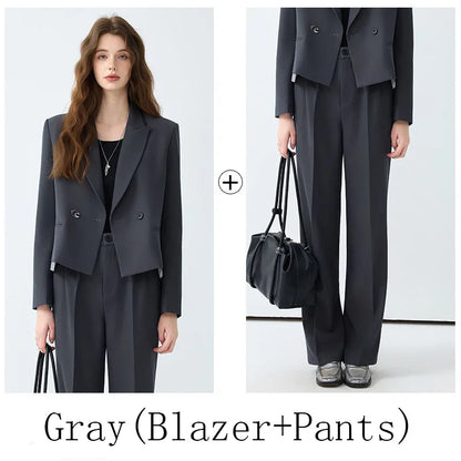 Solid Suits for Women 2025 Spring Fashion Office Ladies Long Sleeve Double Breasted Short Tops Chic Cargo Pant Suits