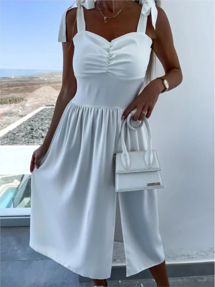 Summer Sexy Strap Midi Party Dresses Women 2024 Fashion Sleeveless Backless Print Slim White Dress Vacation Sundress Elegant