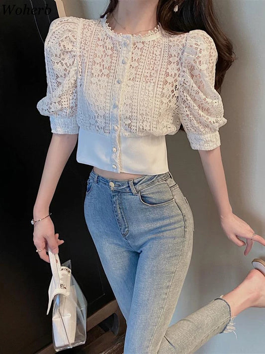 Woherb Sweet Crochet Top Blouse Women Sexy Hollow Out Shirt Vintage Puff Sleeve Korean  Shirts Fashion Chic Tops Blusas