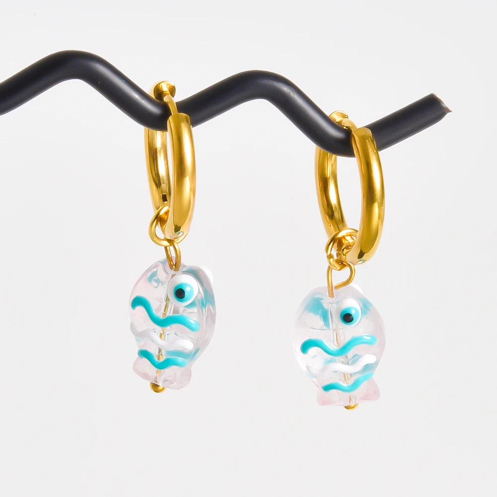 Stainless Steel Colorful Glazed Enamel Fish Hoop Earrings For Women Men Girl Cute Dopamine Fashion Ear Buckle Sea Animal Jewelry