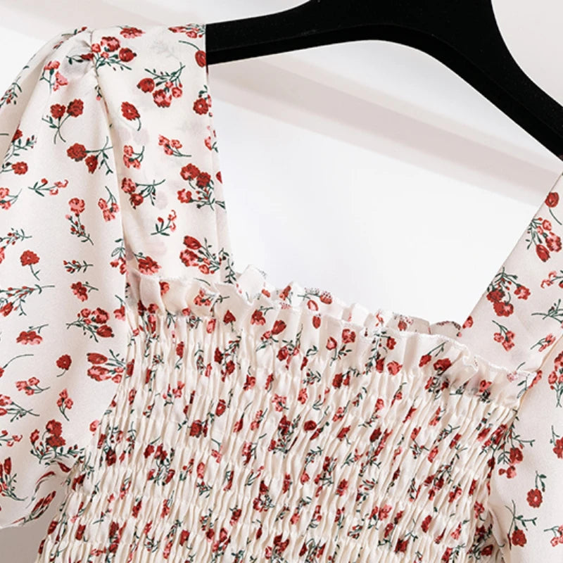 Summer Autumn Fashion Female Short Sleeve Elastic Waist Printed Floral A-line Midi Dress Women Chiffon Dresses Casual Dress