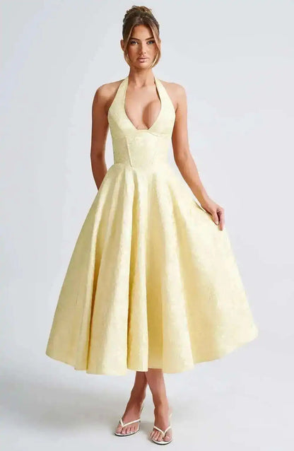 Giyu Club Evening Party Dresses Women 2025 Summer Sexy Bow Halter Long Dress Elegant Jacquard Lace Up Backless Birthday Robe