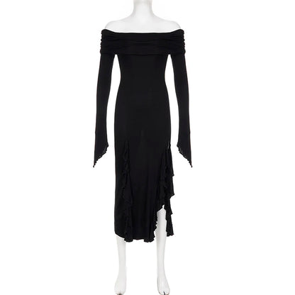 SUCHCUTE Elegant Off Shoulder Ruffles Split Long Dress Black Fashion Long Sleeve Party Dresses Women Beach Vacation Outfits 2024