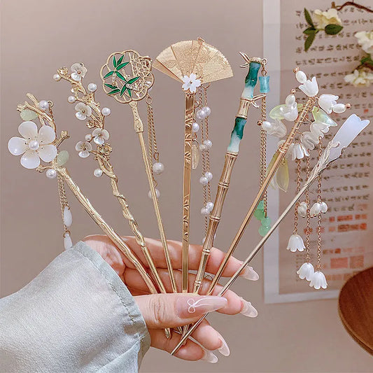 エレガントな中国風ヘアアクセサリー、ロマンチックなエナメルフラワータッセルヘアクリップ、合金ジュエリー、女性用ヘアピン、ファッションヘアピン
