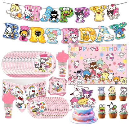 kawaii Sanrio Birthday Party cutlery plate Disposable Banner Cake Topper Hanging Flag Hello Kitty Balloons Birthday Decorations