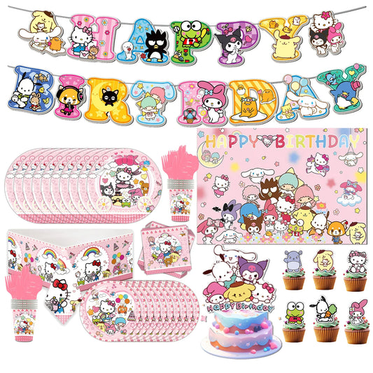 kawaii Sanrio Birthday Party cutlery plate Disposable Banner Cake Topper Hanging Flag Hello Kitty Balloons Birthday Decorations