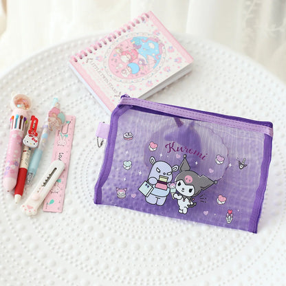Kawaii Hello Kitty Stationery Bag Cute Cartoon Mesh Storage Bag Transparent Desktop Decoration Student Supplies Gift Wholesale