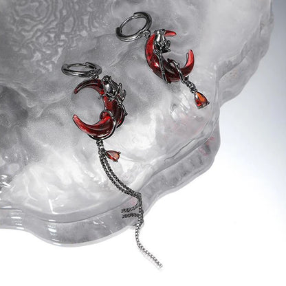 Red Moon Gem Asymmetric Earrings Personality Hip-pop Gothic Dark Ear Pendants Tassel Chain Eardrop Ear Buckle Jewelry Accessory