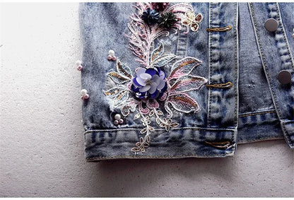 Women Denim Vest Jacket New Autumn Embroidery Beads Sleeveless Vintage Hole Jeans Vest Jacket Overcoat Female Tops Waistcoat