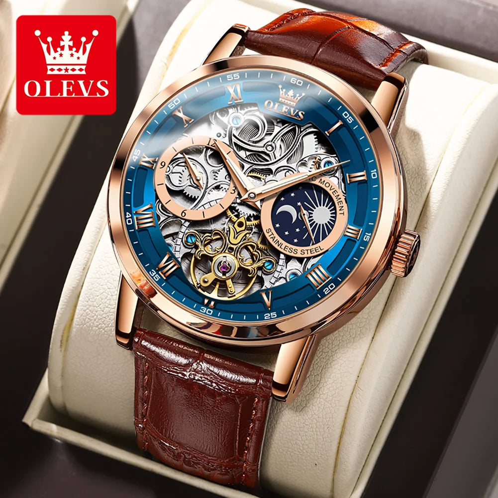 OLEVS Brand New Luxury Moon Phase Tourbillon Watch for Men Leather Strap Waterproof Fashion Skeleton Mechanical Watches Mens