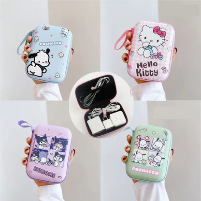 Sanrio Hello Kitty Kuromi Data Cable Storage Bag Anime Cartoon Portable Charger Earphone Coin Sorting Case Organizer Carry Box