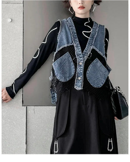 Grid Stitching V-Neck Denim Vest Women's Summer Fried Street Fashion Brand Loose Burrs Short Sleeveless Vests Jackets Female
