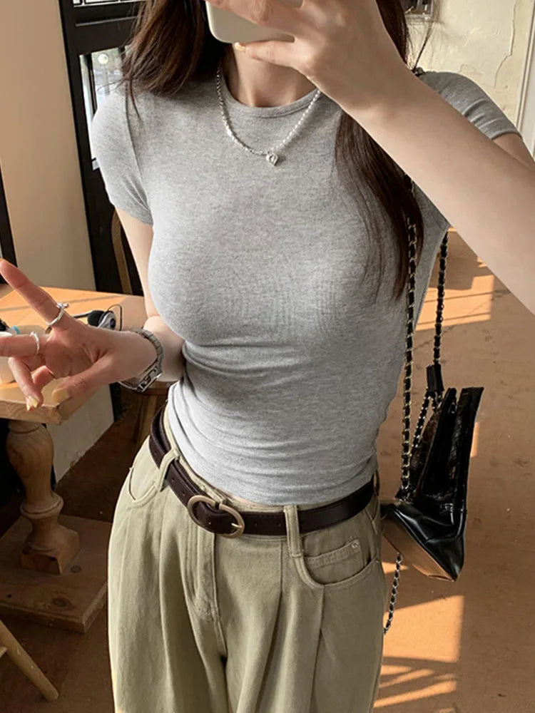 ベーシック無地クロップトップ 半袖クルーネックスキニーティー 夏のカジュアルTシャツ レディース y2kヴィンテージトップ 原宿ストリートウェア