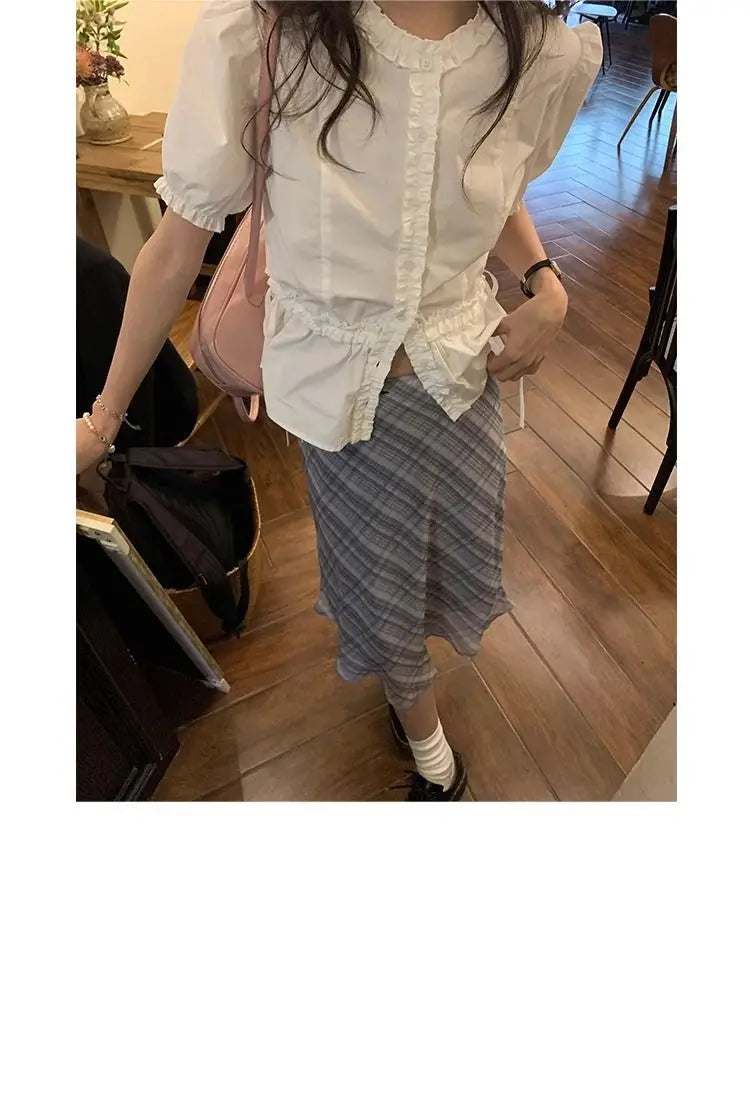 Women French Gentle Style Fungus Edges O-neck Puff Short-sleeved Shirts Summer Lace-up Bow Waist Slimming Single Breasted Blouse