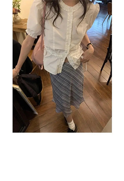 Women French Gentle Style Fungus Edges O-neck Puff Short-sleeved Shirts Summer Lace-up Bow Waist Slimming Single Breasted Blouse