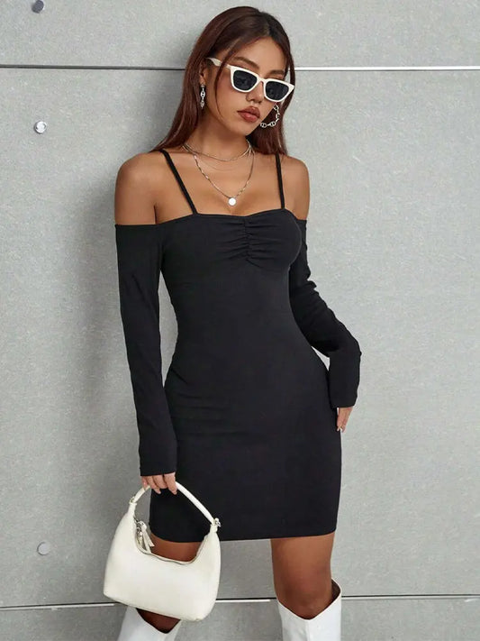 Black Sexy Mini Dresses Women Autumn New Streetwear Fashion Long Sleeves Lace-up Casual Slim Dress Off Shoulder Backless Dresses