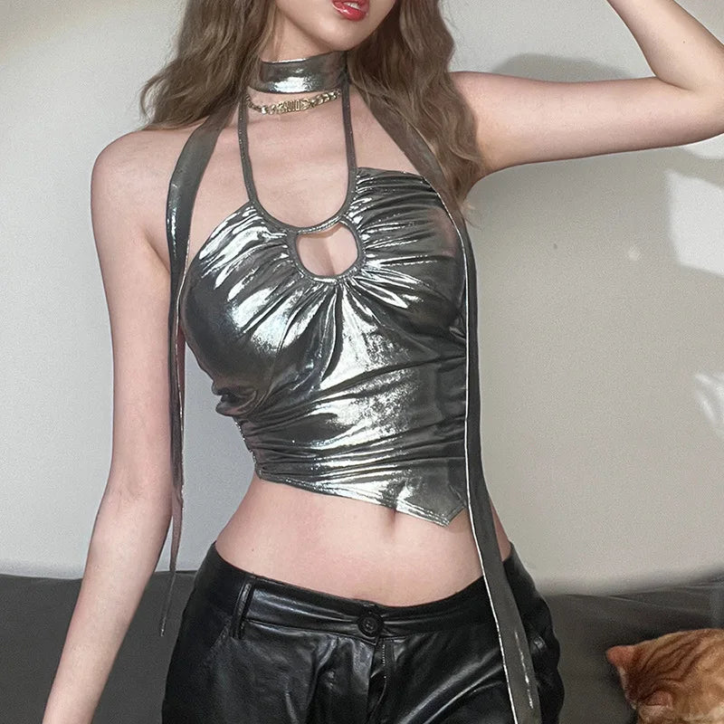 Nibber Metallic Retro Matte Solid Color Simple Sexy All-Match Summer High Street Confident Cool Mature Charm Women Backless Vest