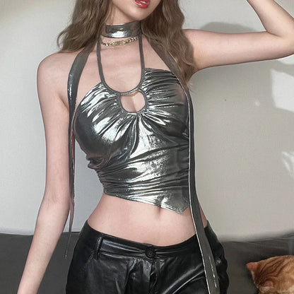 Nibber Metallic Retro Matte Solid Color Simple Sexy All-Match Summer High Street Confident Cool Mature Charm Women Backless Vest