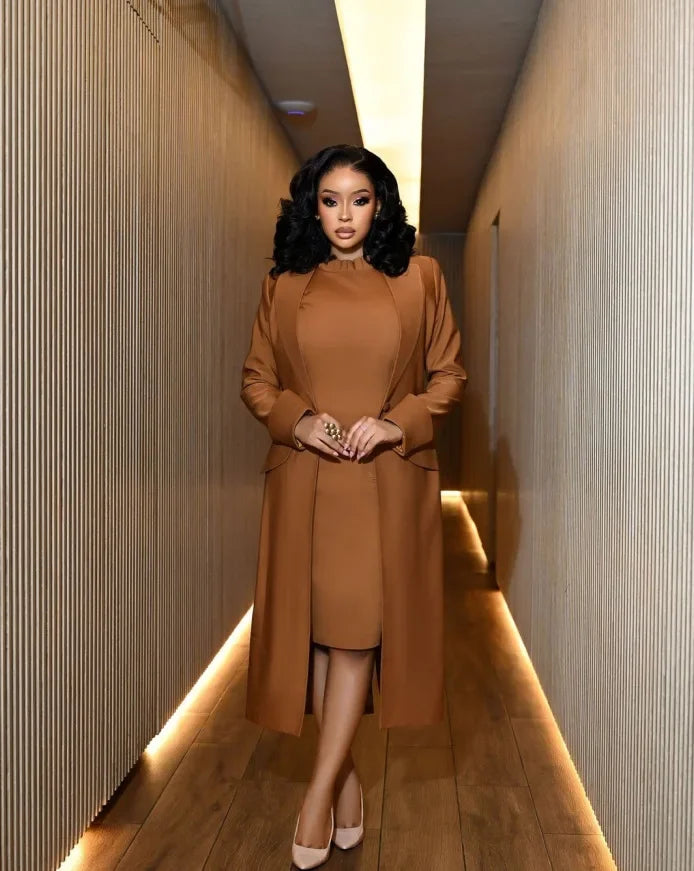 HLJ High Quality Elegant Office Lady Blazer Two Piece Sets Women Lapel Long Sleeve Coat And Slim Dress Outfit Female Clothing
