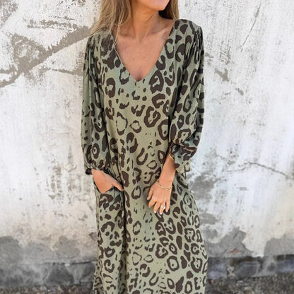 Women Sexy V-Neck Maxi Dresses Summer Bohemian Short Sleeve Leopard Print Long Dress Female Vintage Holiday Beach Cover Up Robe