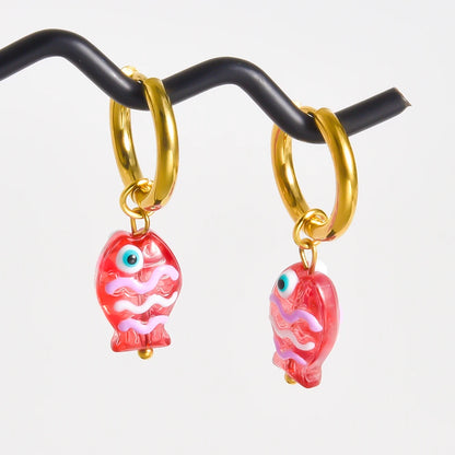 Stainless Steel Colorful Glazed Enamel Fish Hoop Earrings For Women Men Girl Cute Dopamine Fashion Ear Buckle Sea Animal Jewelry