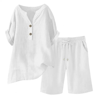 Women 2-piece Set Women's Cotton Linen 2 Piece Outfits Short Sleeve V-neck Top Wide Leg Shorts Set for Summer Lounge Wear Women