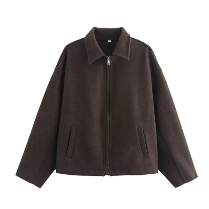 Autumn and winter fashion lapel long-sleeved zipper woolen coat 2024 European and American loose casual jacket