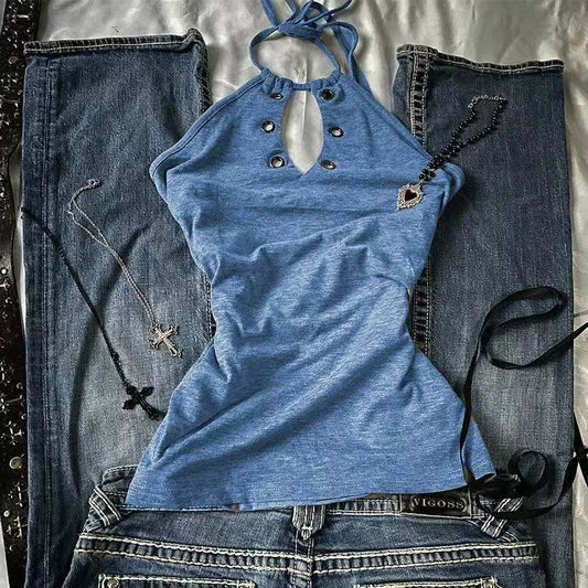 Y2k Camis T Shirt Women Clothes Vintage 90s Streetwear Hip Hop Bandage Blue Tank Top Femme Camis Korea Sling Punk Y2k Crop Tops