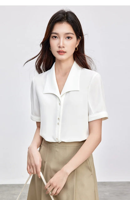 SENTUBILA Turn Down Collar Shirt Women Summer 2025 Twill Texture Chic Button Short Sleeve Elegant Solid Woman Blouse 152C87931
