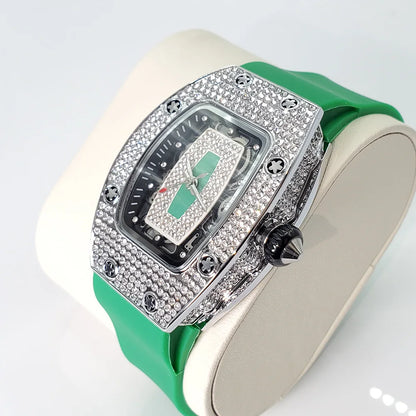 Luxury Diamond Watch For Women Elegant Tonneau Original Design Watches Fashion Ice Out Sport Rubber Strap Waterproof Mille Clock