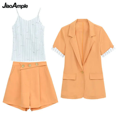 2025 Summer New Suit Jacket Shorts Suspenders Three-piece Women's Professional Wear Korean Fashion Blazers Coat Vest Pants Set