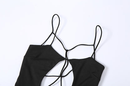 Combhasaki Womens Solid Color Thin Spaghetti Straps Backless Round Cutout Hole Slim Fit Suspender Party Club Slim Fit Long Dress