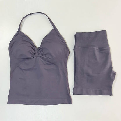 2pcs Gym Set Women Backless Tank Top and Scrunch Seamless Yoga Shorts Suits Fitness Yoga Set Activewear Workout Sets Sports Suit