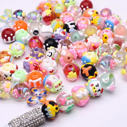 10pcs/bag Acrylic Beads Fashion Hand Drawn Cartoon Painting Loose Beaded DIY Handmade DIY Bracelets Mobile phone chain Bead Pen