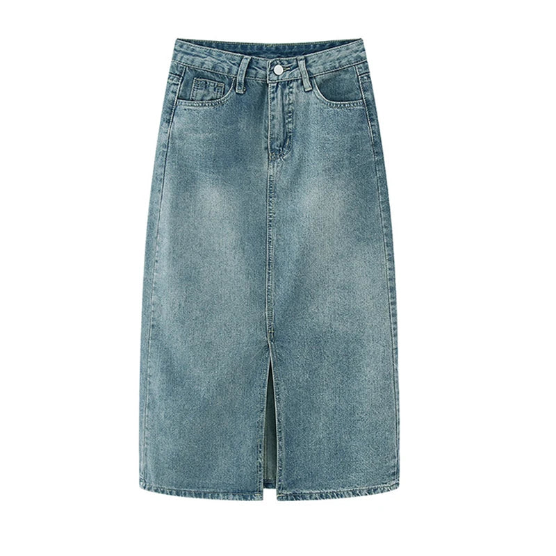 Summer New High-waist Slit Denim Skirt For Women Washed Retro A- line Skirt Hip-covering Straight Long Skirt