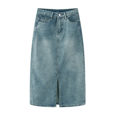 Summer New High-waist Slit Denim Skirt For Women Washed Retro A- line Skirt Hip-covering Straight Long Skirt