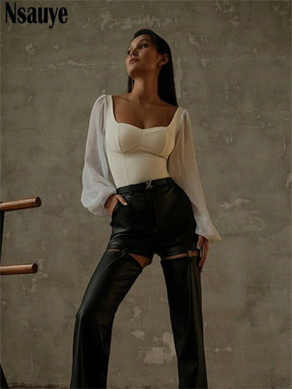 Nsauye 2022 Autumn Summer Sheath Long Puff Sleeve Skinny Women Rompers Bodysuits Y2K Square Collar Fashion Jumpsuit Body Tops