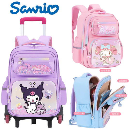 New Kuromi 2-Wheel Trolley School Bag Girls Cartoon Melody Backpack Load-Reducing Large Capacity 6-Wheel Trolley Backpack