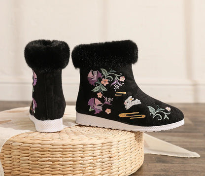 ファッション冬用ブーツ レディースシューズ エスニックスタイル 刺繍入りショートブーツ レディース 暖かいスノーシューズ 女性用 アンティークダンス フラットブーツ