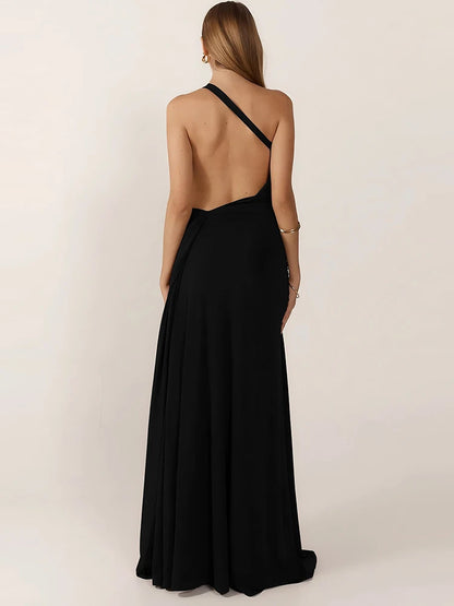 Sibybo Oblique Shoulder Sleeveless Ruched Maxi Dress For Women Gown Elegant Metal Rings Backless Bodycon Long Dresses Vestidos