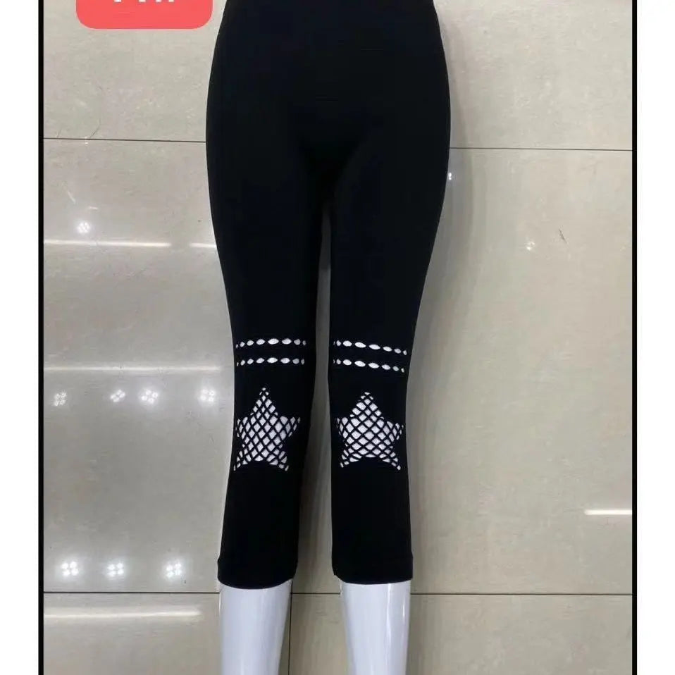 夏用レディースホロー釣りネットストレッチレギンス スポーツフィットネススキニーパンツ クロップド3/4丈レギンス カプリクロップドモーダルパンツ