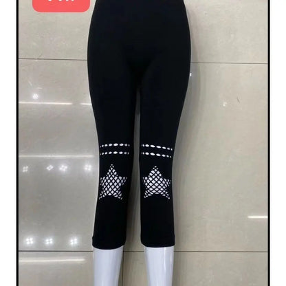 夏用レディースホロー釣りネットストレッチレギンス スポーツフィットネススキニーパンツ クロップド3/4丈レギンス カプリクロップドモーダルパンツ