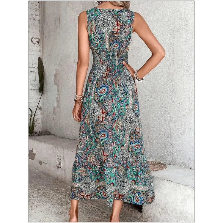 New Fashion Elegant High Waisted Sleeveless Boho Dress Summer Women Print V Neck Casual Long Dresses For Women Robe Femme