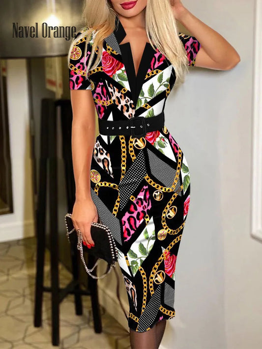 New Women Printing Office Lady Long Sleeve Party Dress Spring Autumn Deep V-Neck Slim Ladies Dress Belt Streetwear Dropshipping