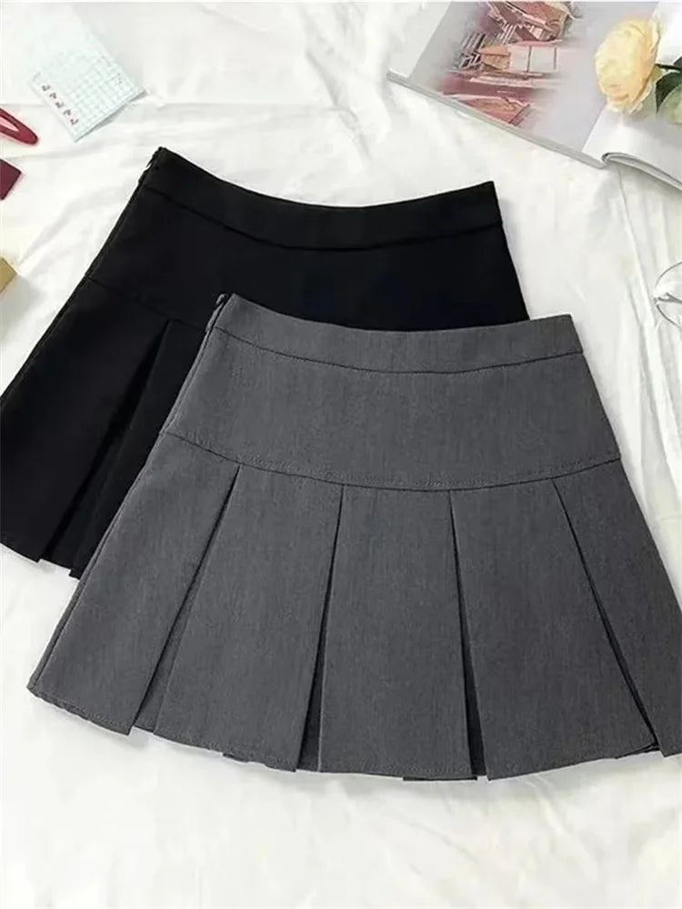 ヴィンテージグレー プリーツスカート レディース かわいい ハイウエスト ミニスカート 韓国ファッション 学生服 原宿ストリート 春コーデ