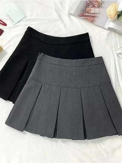 ヴィンテージグレー プリーツスカート レディース かわいい ハイウエスト ミニスカート 韓国ファッション 学生服 原宿ストリート 春コーデ